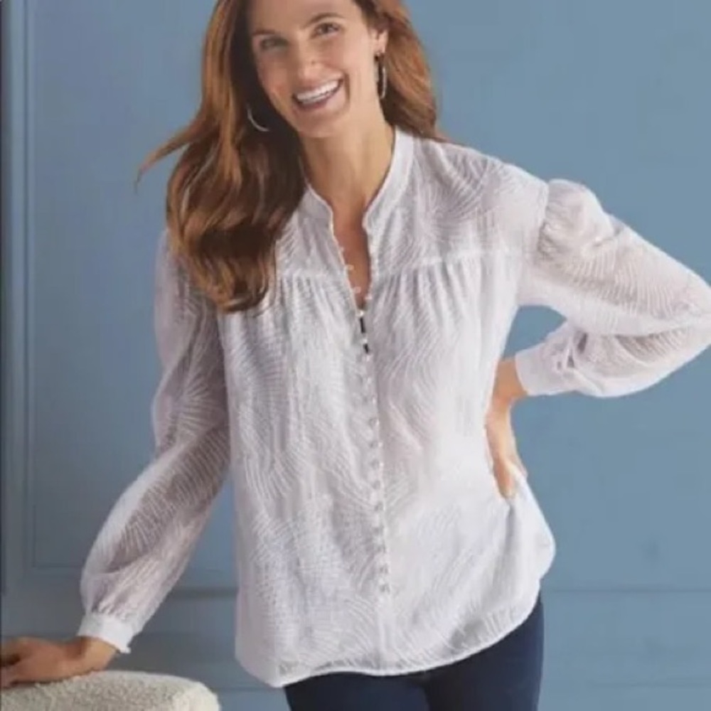 Soft Surroundings Womens Sz Medium White Embroidered Oleada Pearl Button Top